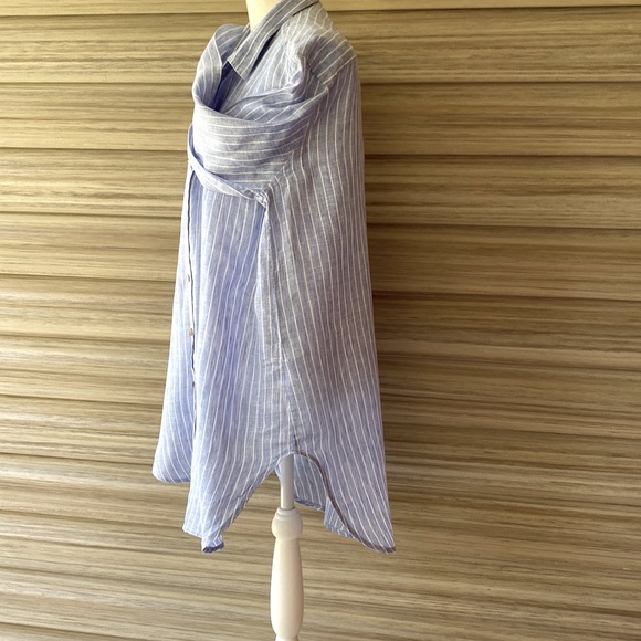 Lori+Lulu Blue Striped 100% Linen Long or Boy Friend Shirt - Size Large - Picture 2 of 6